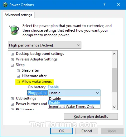 Bật/Tắt tính năng Wake Timers trong Windows 10