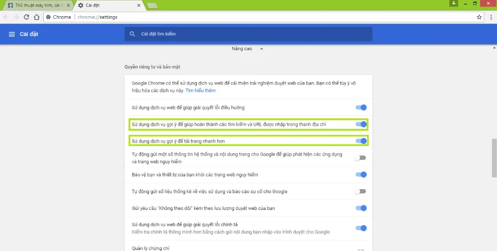 Cách bật/ tắt Gợi ý trang trong Google Chrome