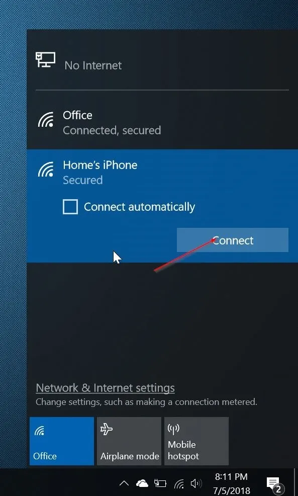 Cách kết nối internet cho PC Windows 10 bằng iPhone hotspot