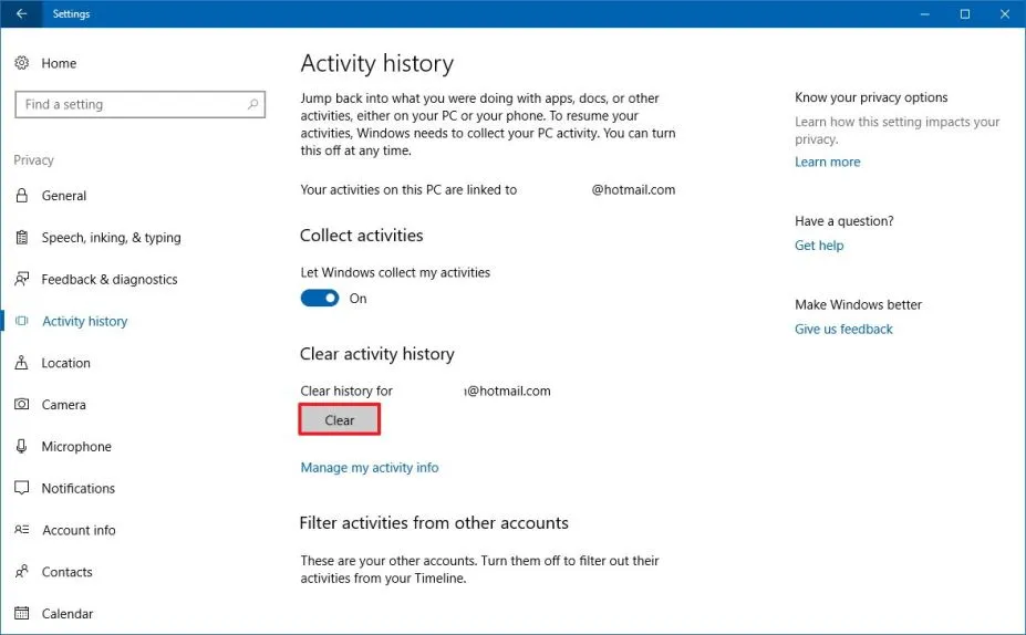 Cách Xem và Xoá Activity history (Lịch sử hoạt động) của Windows 10