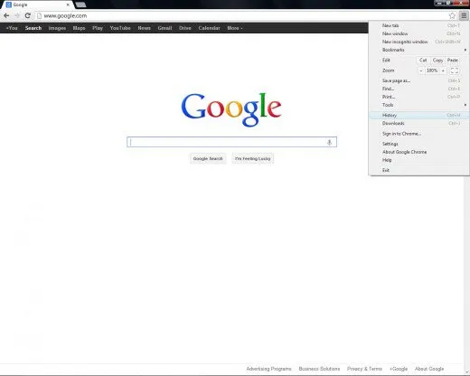 Các tùy chọn trình đơn trong Google Chrome rất đơn giản và dễ hiểu, với "lịch sử" dễ dàng để tìm thấy.