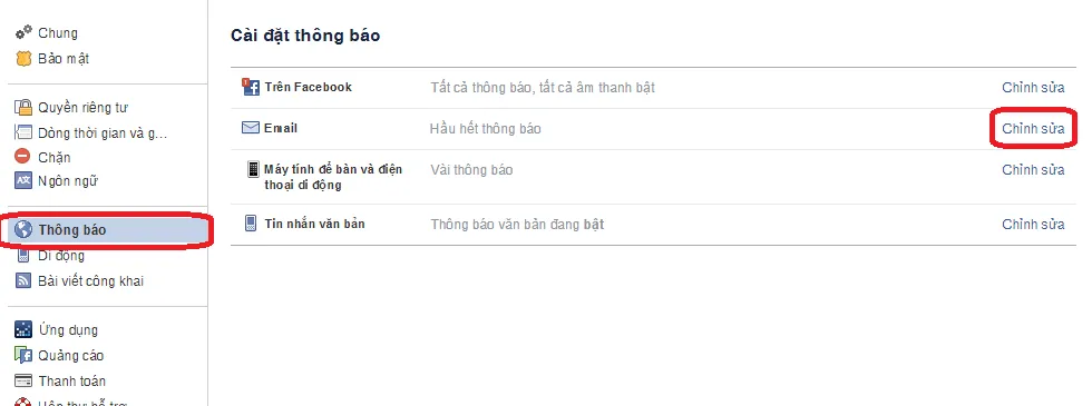 Cài đặt thông báo facebook trong Email