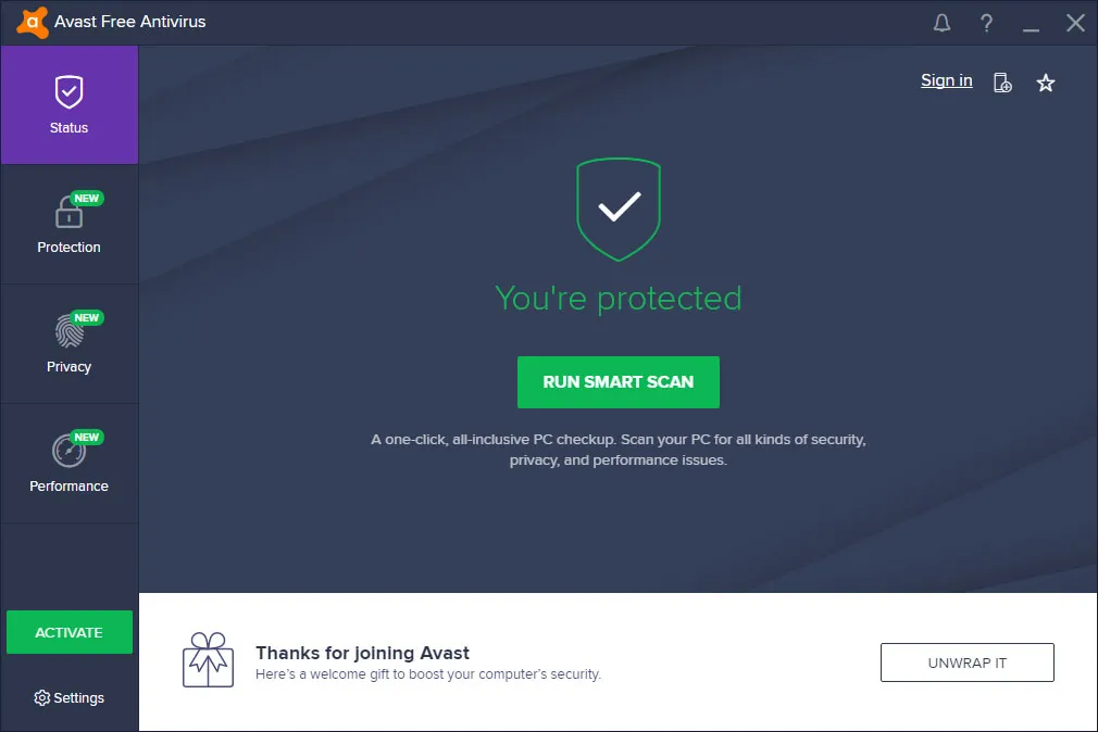 Hoàn thanh cài đặt Avast Free Antivirus 2018 và sẵn sàng để sử dụng