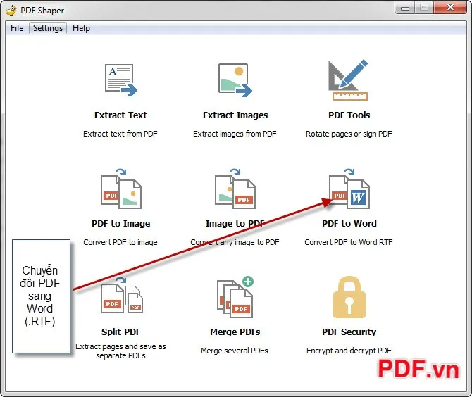Giao diện chính chương trình PDF Shaper