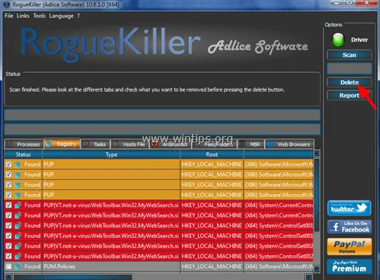 Hủy bỏ các mục Registry độc hại với RogueKiller