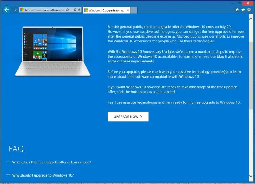 Nâng cấp lên Windows 10 miễn phí bằng Assistive Technologies