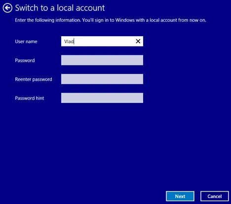 Thay tài khoản Microsoft bằng TK Local trong Windows 8, 8.1