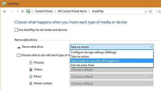 Thiết lập mặc định AutoPlay trong Windows 10